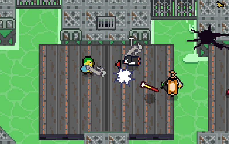 Three players playing on a conveyor belt, above a vat of acid!